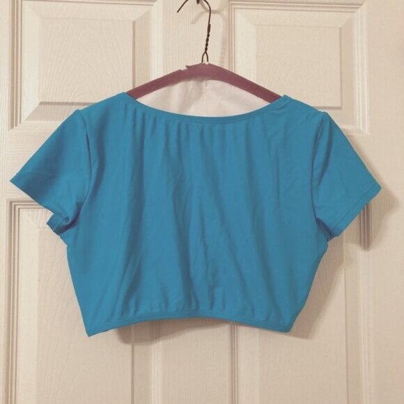 Excellent Condition, SZ L, Twist Front Short Sleeve Bralette Swim Top, Aqua Blue - Picture 3 of 3